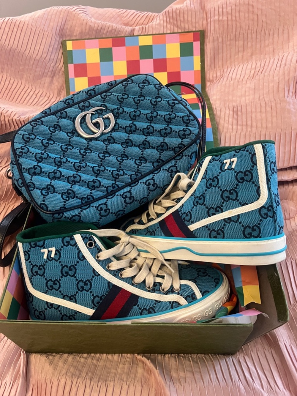 Gucci Blue GG Canvas High-Top Sneakers & Crossbody Bag Set